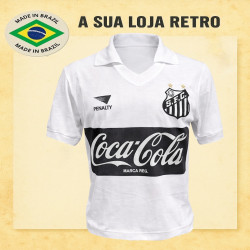 Camisa retrô Santos branca coca cola preta Penalty - 1989