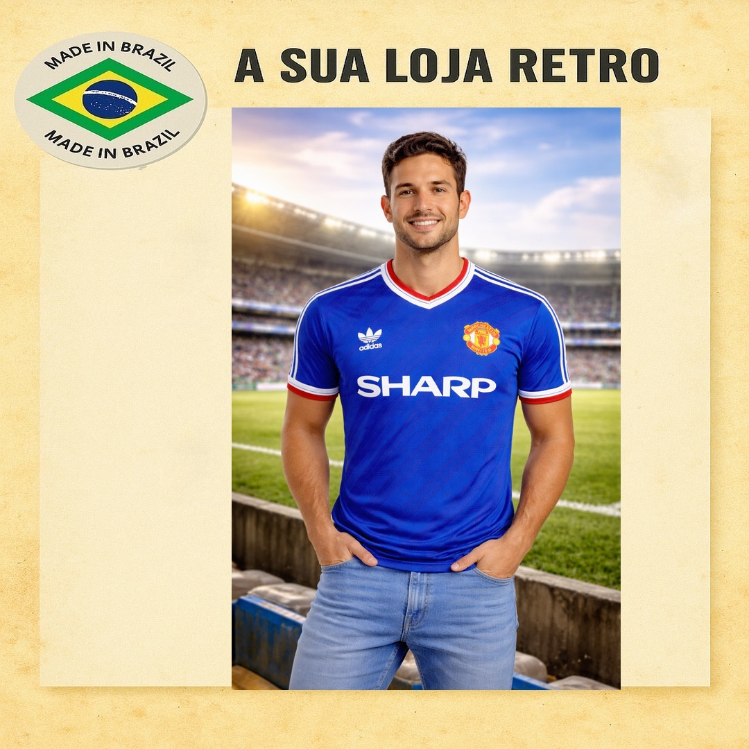 Camisa retrô Manchester United Sharp Azul 1986- ENG